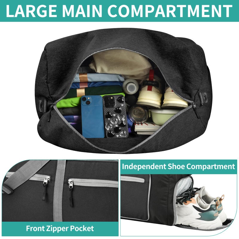 Dimayar 40L Travel Duffle Bag for Men Women - Foldable Duffel Bag with Shoes Compartment - Overnight Bags Waterproof & Tear Resistant(Black) - Image 4